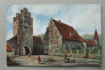 AK Dinkelsbühl / 1920-1940 / Künstler Karte / Nördlingr Tor m Stadtmühle / Strassenansicht